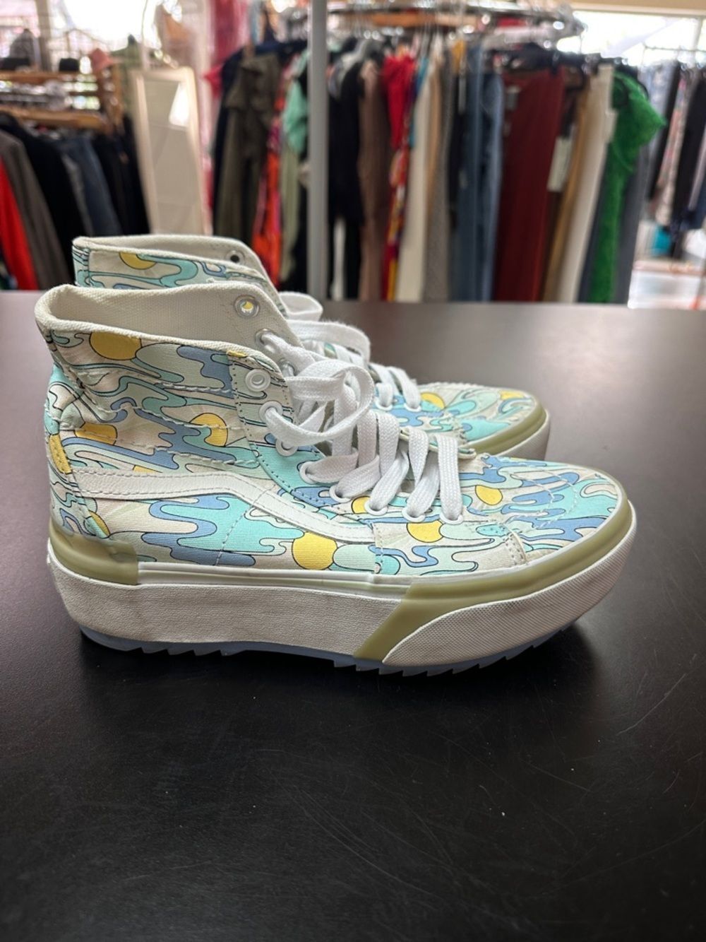 Vans High-Top Sneakers in Light Blue, White & Yellow Wave Print
